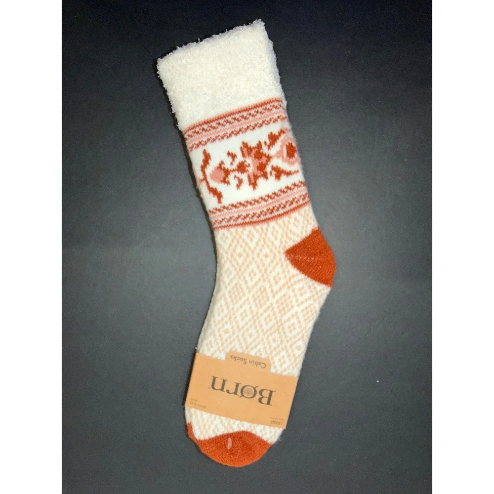 Born Womens Cabin Socks Cream Rust Orange Fair Isle Fuzzy Lined Crew Sz 4-10 NEW